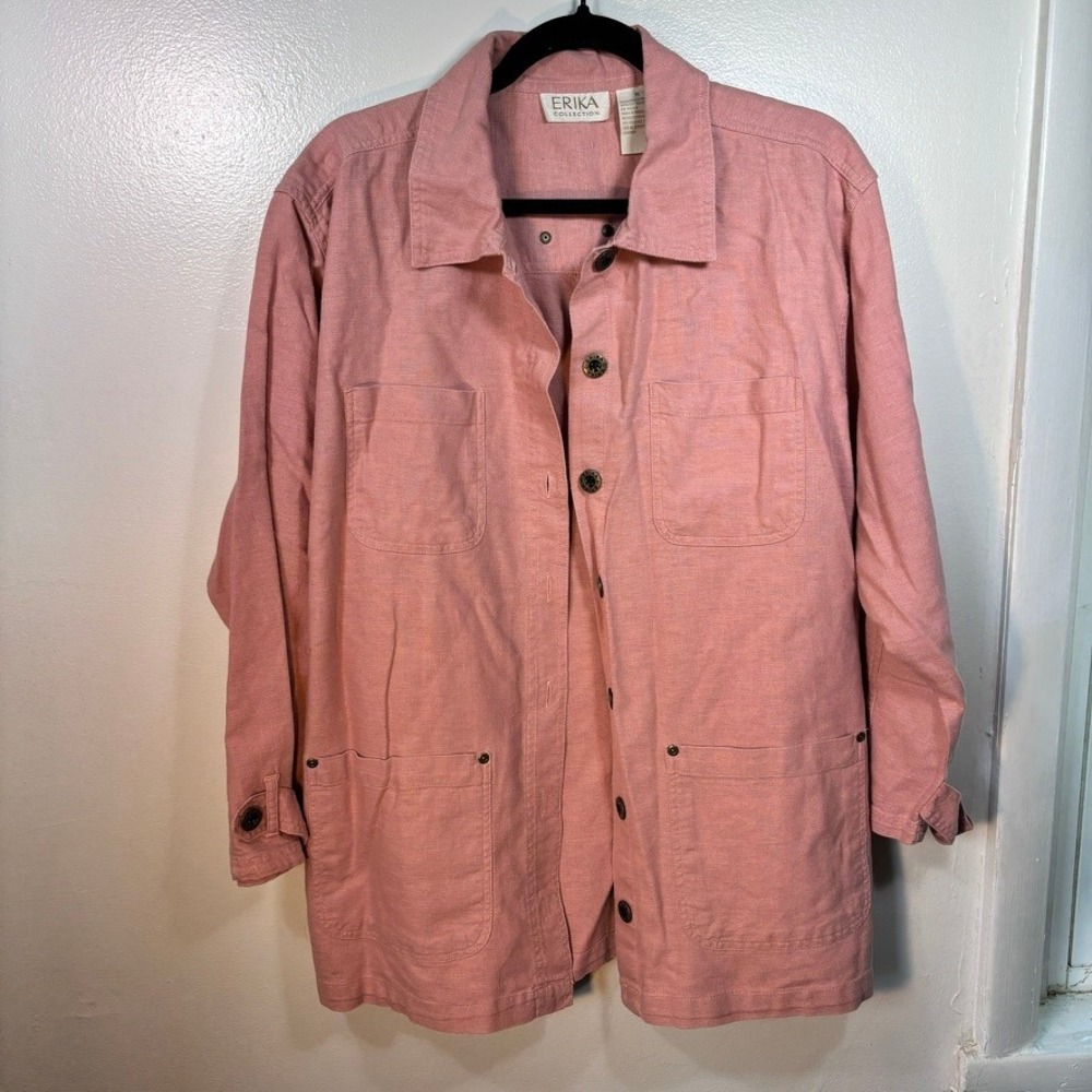 Vintage Linen Cotton Chore Coat Women Sz M Pink Shacket Four Pocket 90s Erika‎